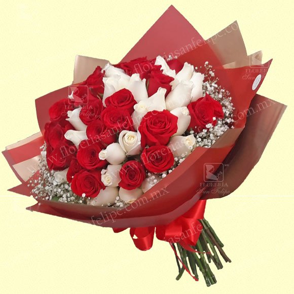 Bouquet Con 50 Rosas Rojas y Blancas en Papel Decorado